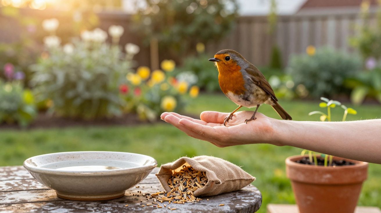 Pardal com peito vermelho pousado na mão de uma pessoa, ao lado de saco de sementes e uma tigela com água num jardim.