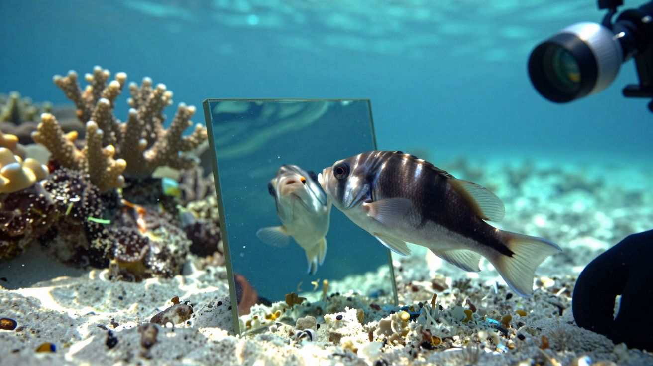 Peixe debaixo de água a olhar para o seu reflexo num espelho colocado no fundo do mar junto a coral e areia.