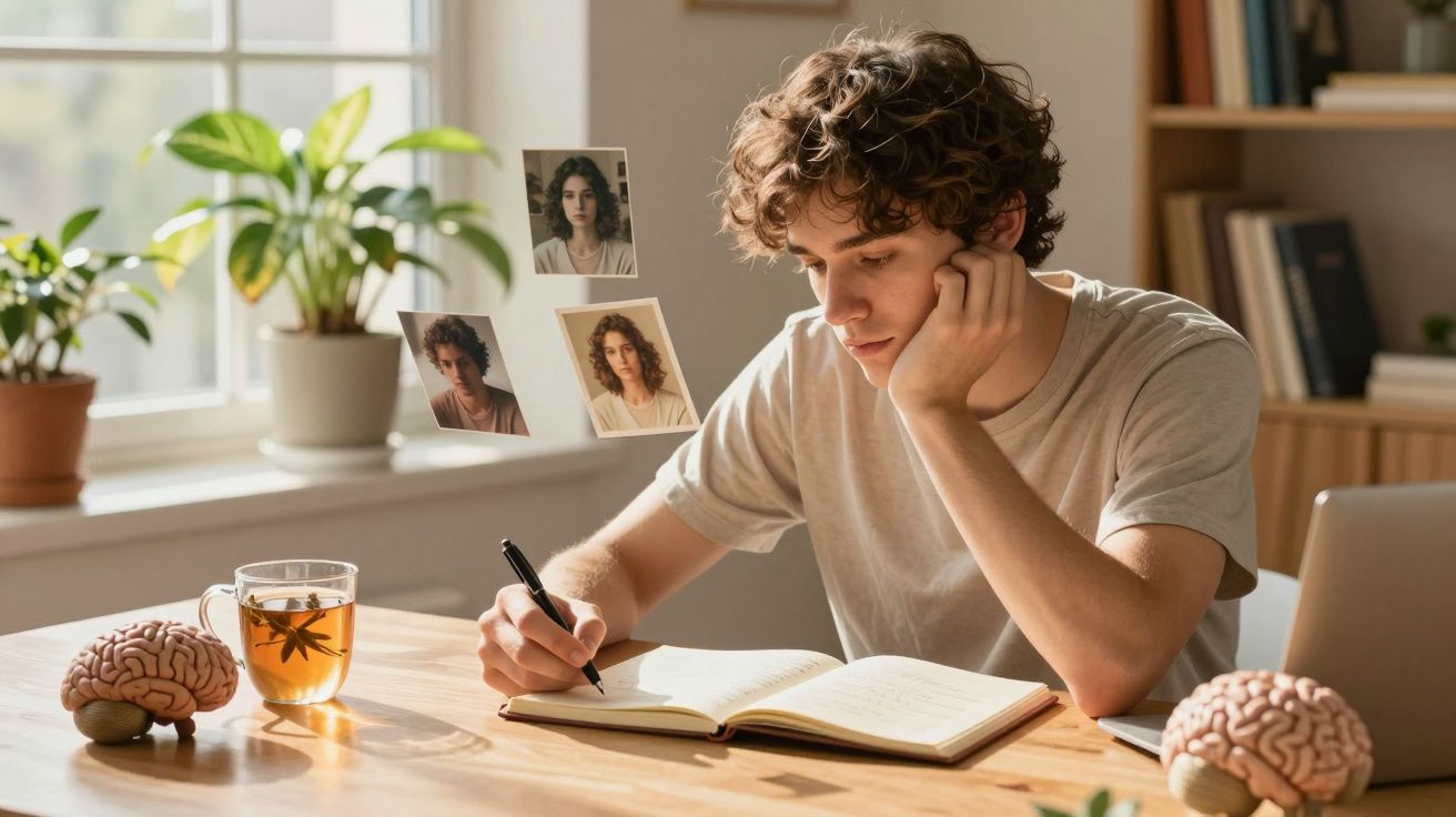 Jovem sentado a escrever num caderno, com imagens flutuantes de pessoas e modelos de cérebro na secretária.