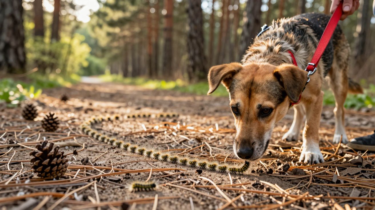Cão com trela vermelha farejando lagarta numa floresta com pinhas no chão coberto de agulhas de pinheiro.