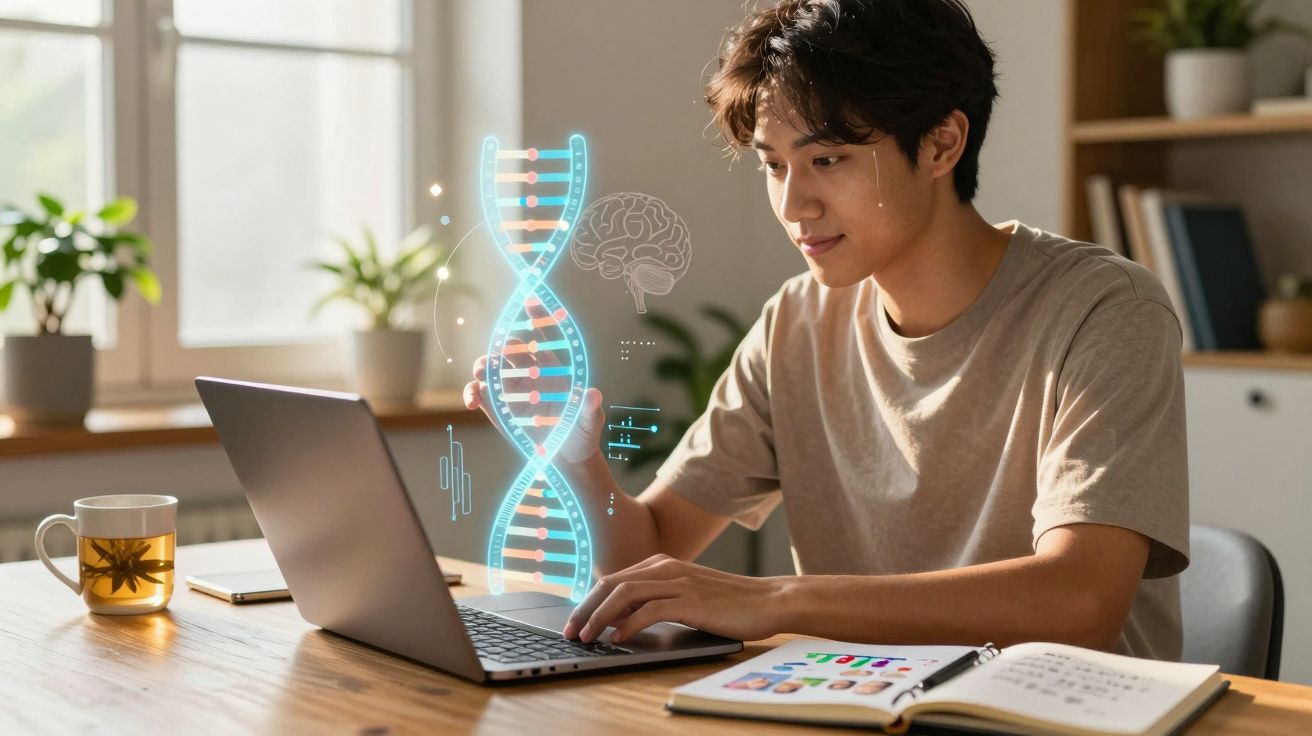 Jovem a estudar genética em computador com representação digital de dupla hélice de ADN holográfica.