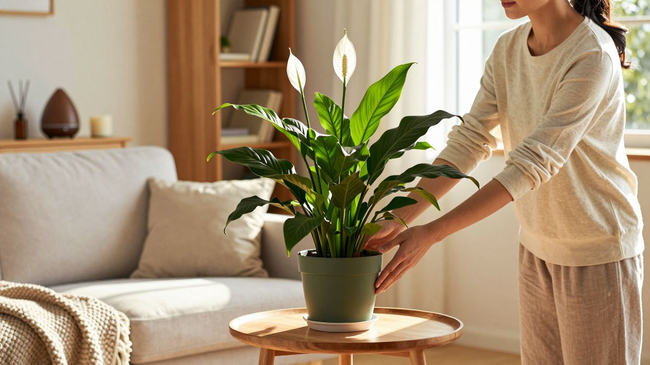Pessoa a cuidar de planta com folhas verdes e flores brancas num vaso numa mesa de madeira na sala.