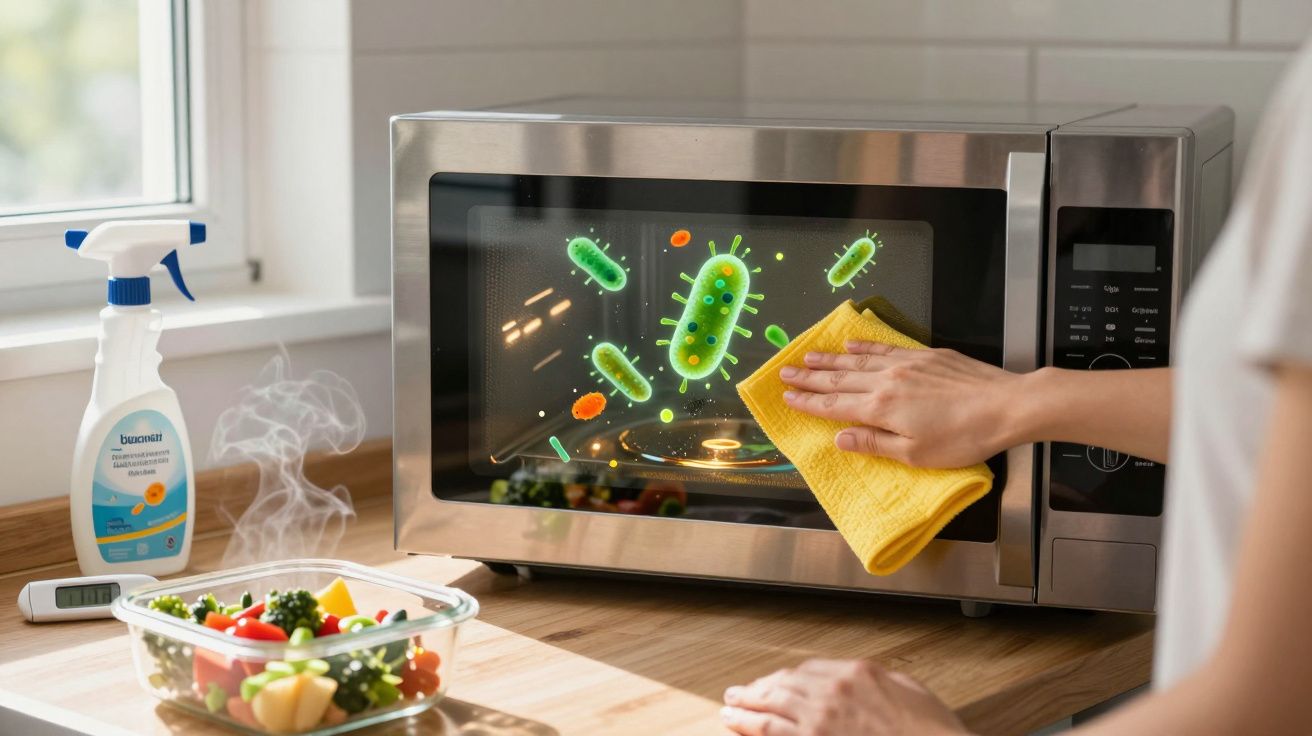 Pessoa a limpar o interior do micro-ondas com pano amarelo, eliminando germes e bactérias visíveis.