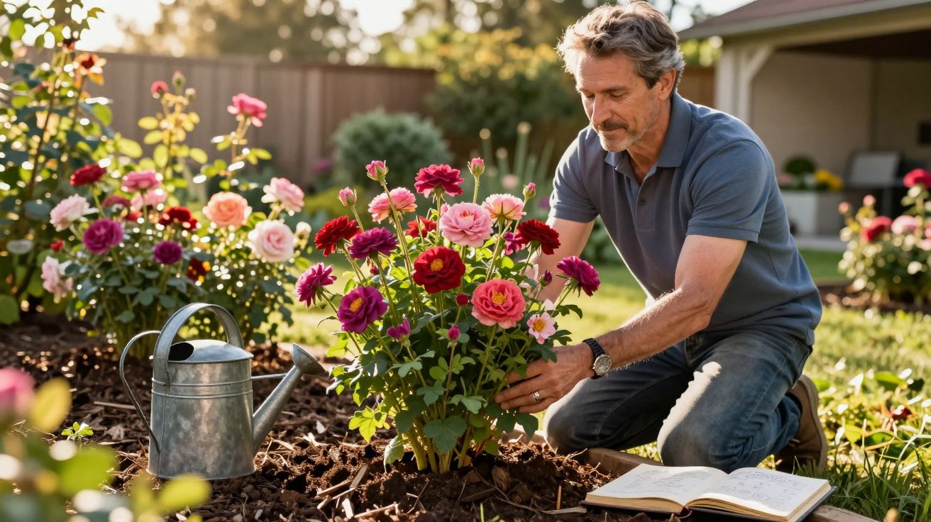 Homem a cuidar de flores coloridas num jardim ensolarado com regador e caderno ao lado.