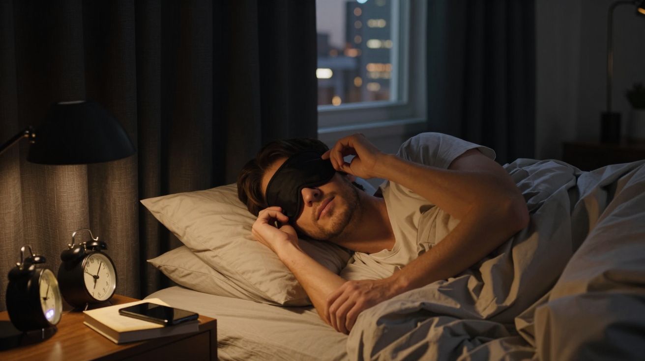 Homem deitado na cama, a colocar máscara de dormir, com dois relógios despertadores numa mesa ao lado.