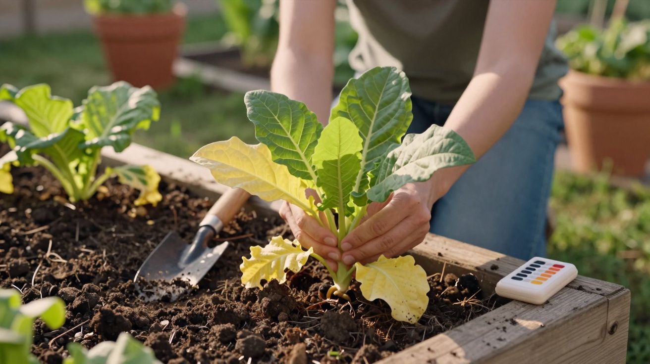 Pessoa a plantar uma muda de alface numa cama de terra numa horta caseira.