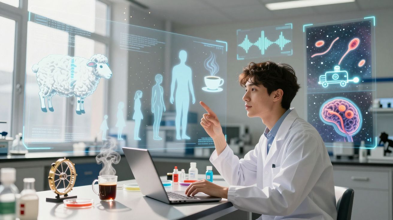 Cientista jovem analisa hologramas de evolução humana, ovelha, e microrganismos numa sala de laboratório moderna.