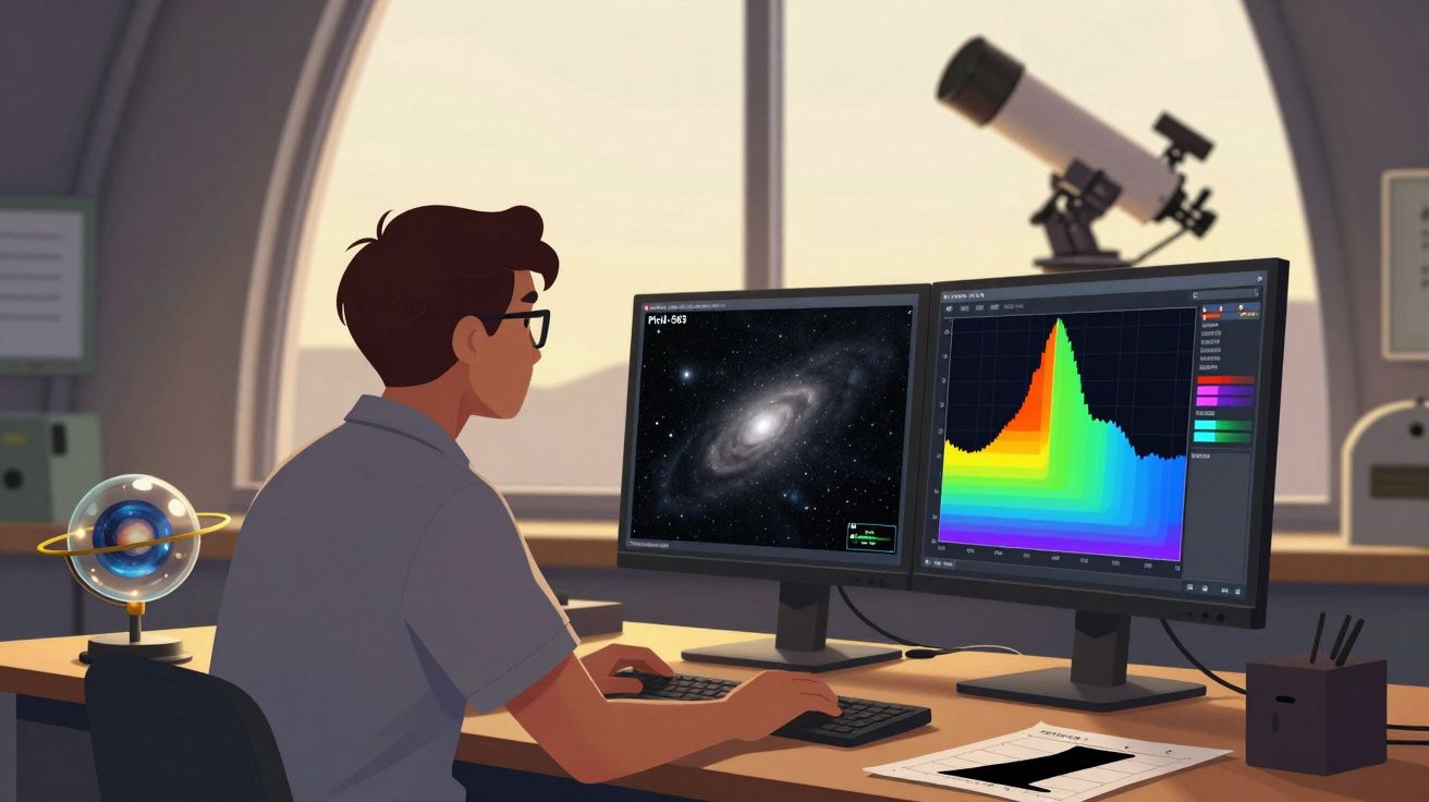 Homem em escritório a analisar imagem de galáxia e gráfico colorido em dois ecrãs de computador.