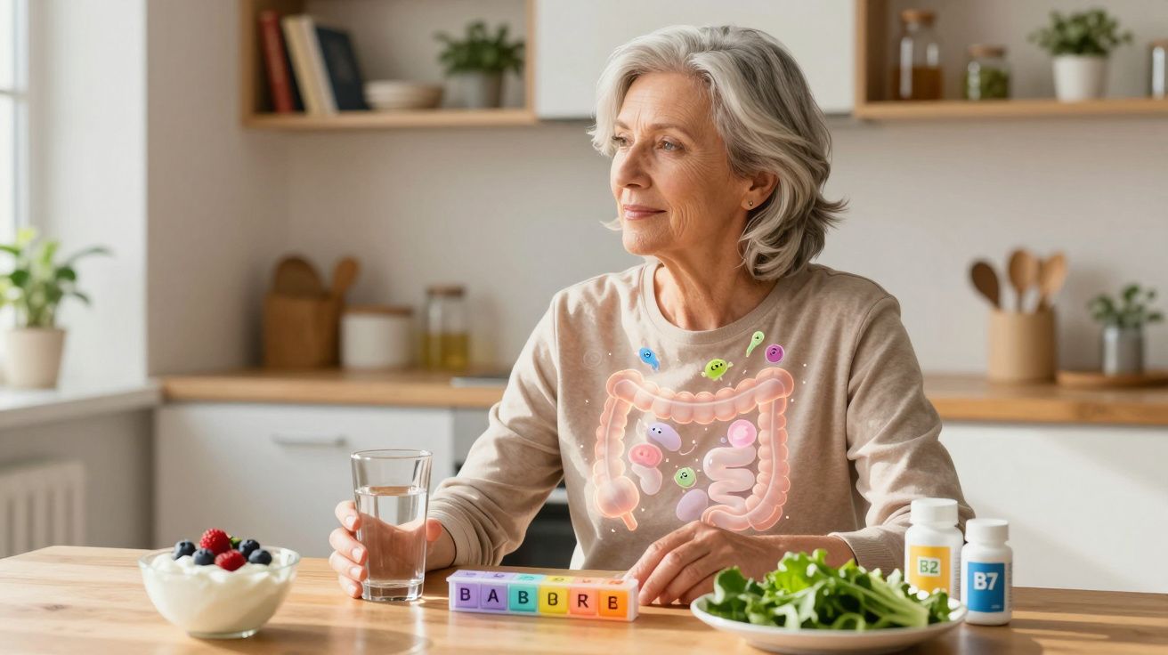 Mulher sénior com ilustração do intestino, segurando copo de água, com alimentos e suplementos à sua frente.