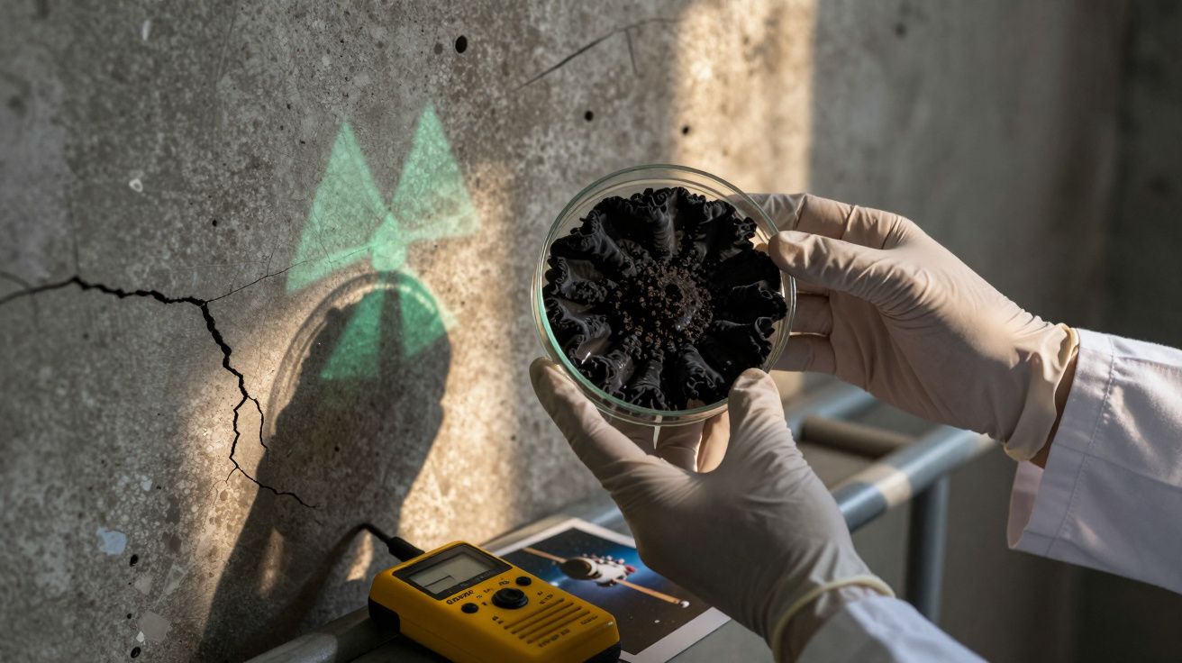 Mãos com luvas seguram placa de Petri com cultura negra, perto de símbolo de radiação e detector amarelo.