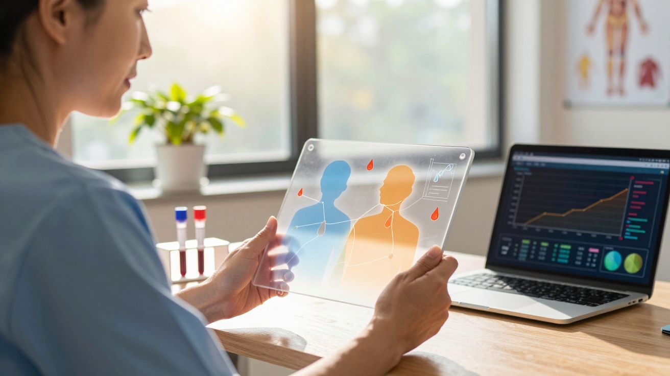 Profissional de saúde analisa dados médicos digitais enquanto consulta gráficos num computador portátil.