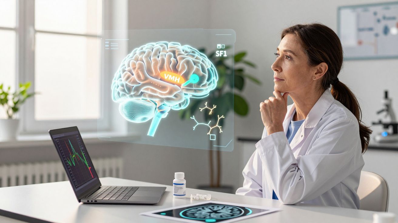 Cientista em laboratório a analisar imagem holográfica de cérebro humano em computador portátil.