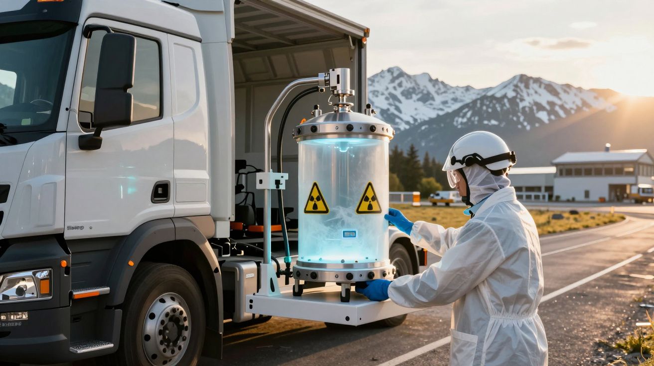 Pessoa com equipamento de proteção manipula contentor radioativo junto a camião em estrada montanhosa.