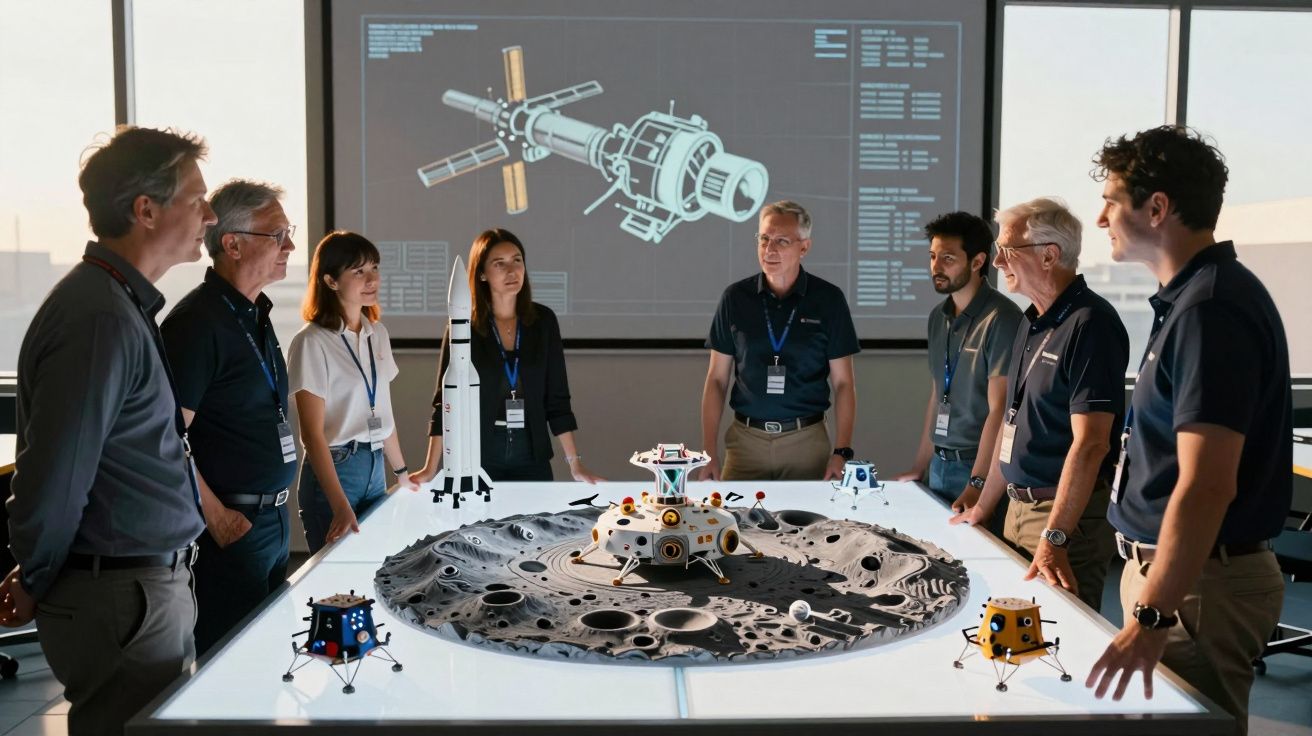 Equipe de engenheiros reunida em volta de mesa com modelo lunar e painéis espaciais em sala de conferências.