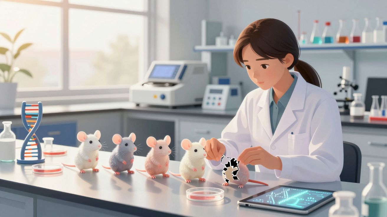 Cientista em laboratório a aplicar tratamento em rato ao lado de outros quatro ratos alinhados na mesa.