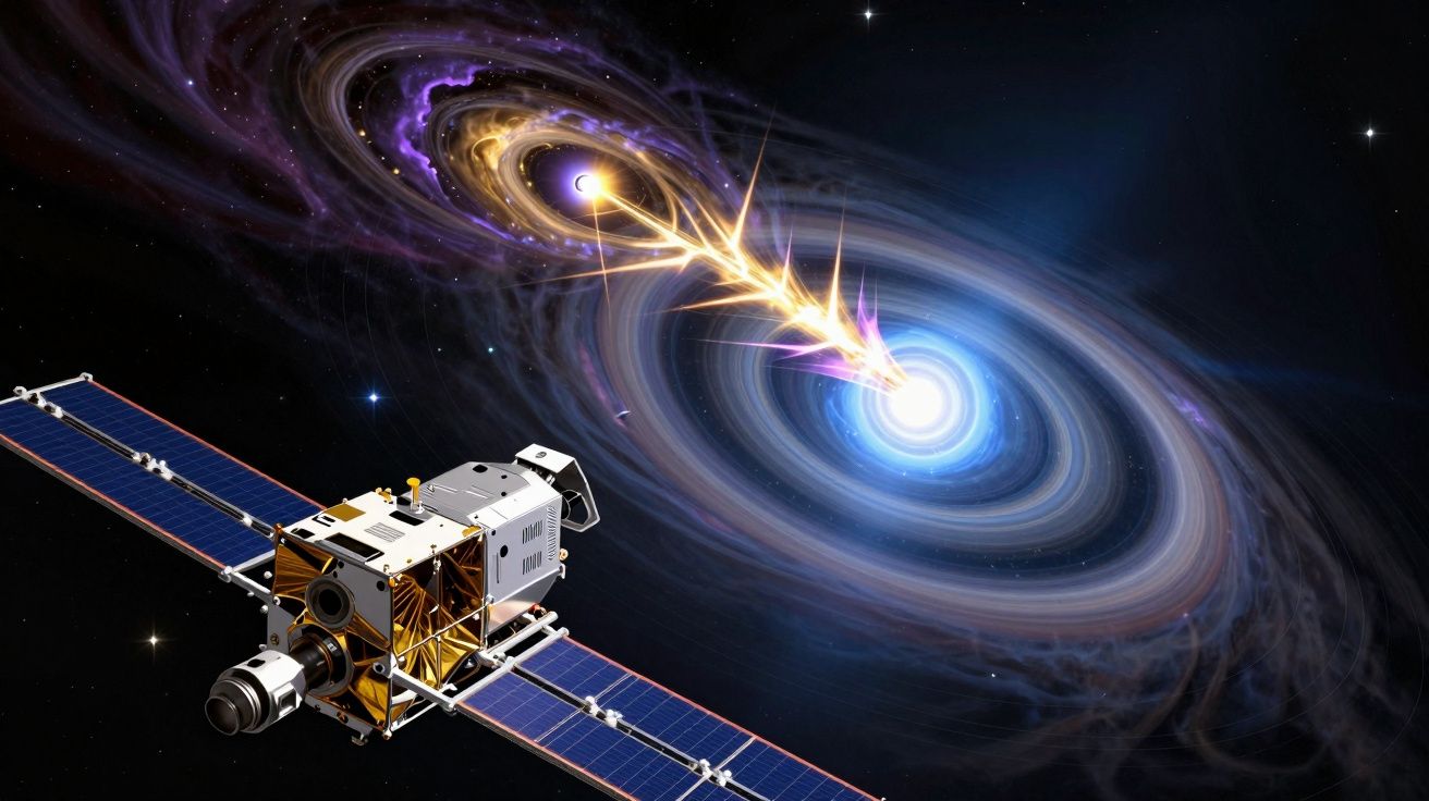 Sonda espacial a observar fenómeno cósmico com dois buracos negros em colisão e raios de energia.