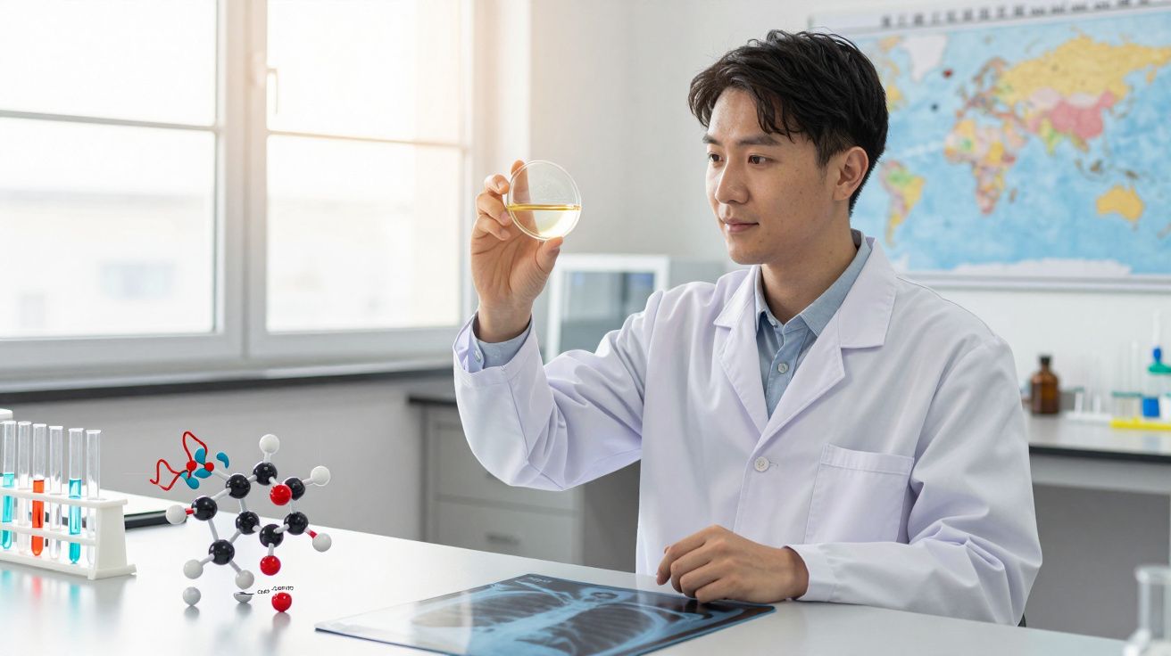 Homem de bata branca analisa amostra líquida num laboratório com tubo de ensaio e modelo molecular na mesa.