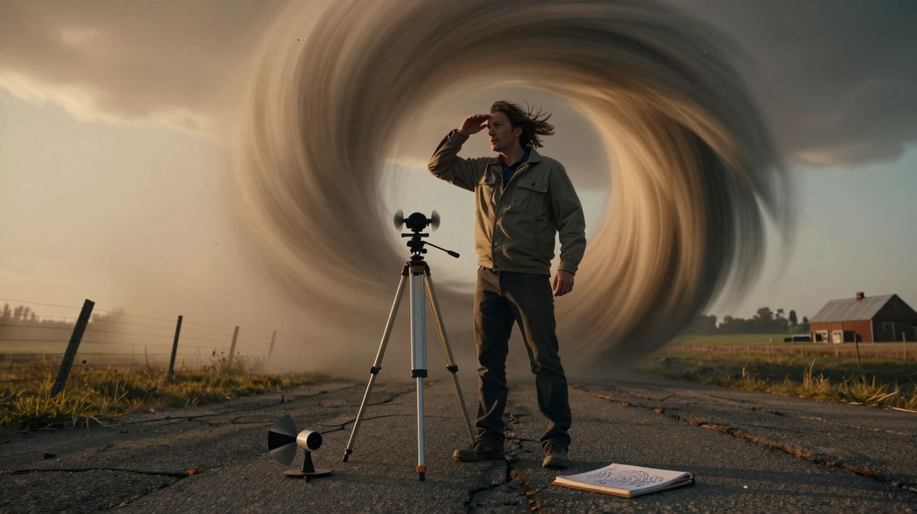 Homem observa tornado gigante em estrada rural, com equipamentos de medição meteorológica e caderno no chão.