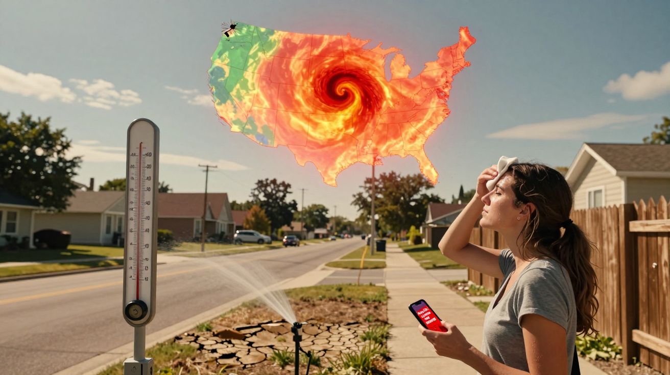 Mulher num bairro quente segurando telemóvel, termómetro alto, mapa dos EUA com furacão e seca no chão.