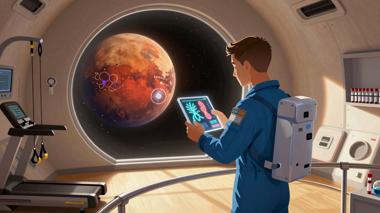 Astronauta numa cápsula a analisar dados num tablet com vista para o planeta Marte através de uma janela circular.