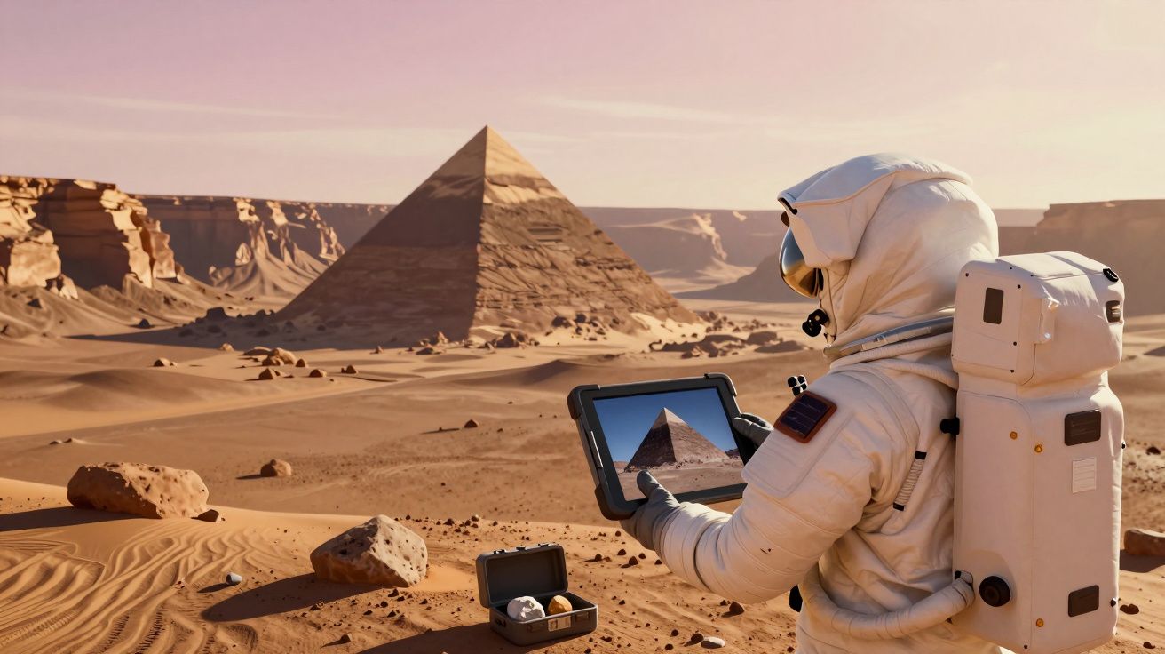 Astronauta em deserto com pirâmide ao fundo, tirando foto com tablet.