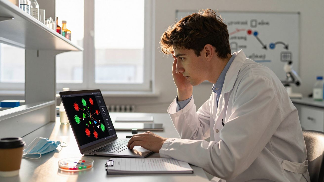 Cientista em bata branca analisa dados coloridos em gráfico num laptop numa bancada de laboratório.