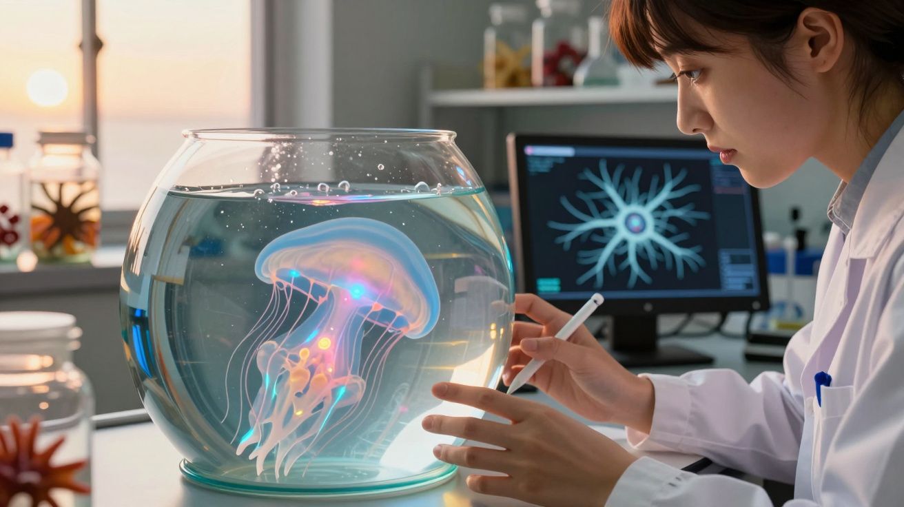 Cientista a observar e estudar uma medusa luminosa num aquário redondo num laboratório.