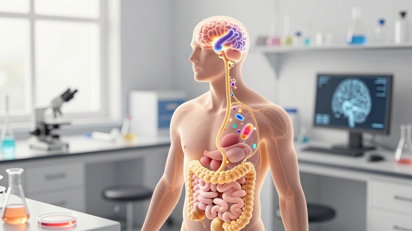 Ilustração do corpo humano com destaque para cérebro, intestinos e digestão em laboratório.