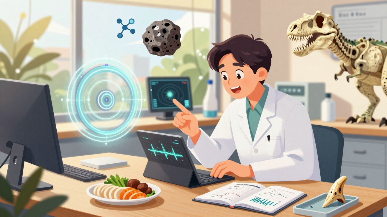 Cientista jovem em laboratório com hologramas, modelo de dinossauro, gráficos e alimentos numa mesa.