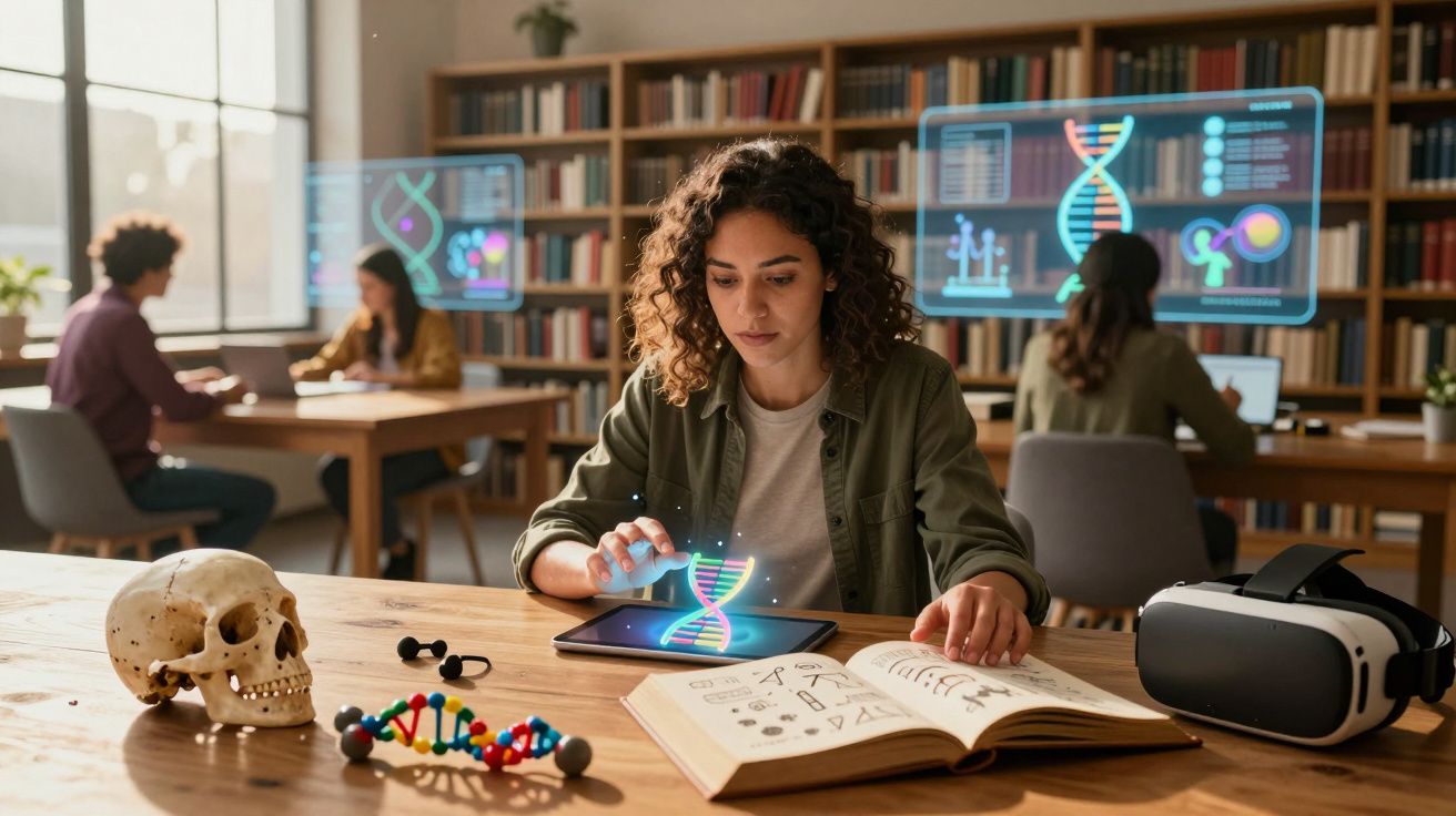 Mulher em biblioteca manipulando holograma de DNA num tablet, entre crânio, modelo molecular e livros de ciências.