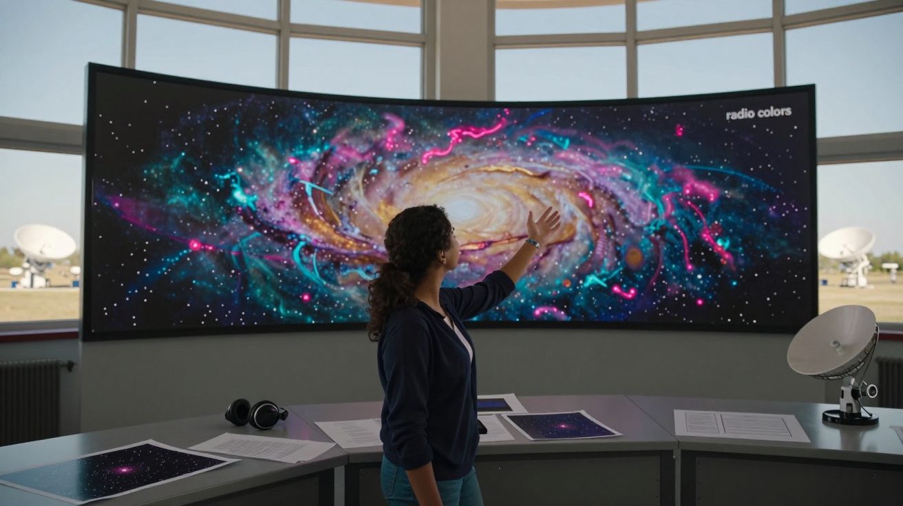 Mulher observa e aponta para ecrã curvo com imagem colorida de galáxia num observatório espacial.