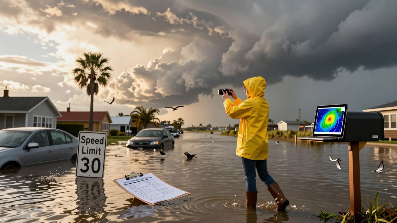 Pessoa com capa amarela a registar cheia urbana com carros submersos e monitor com imagem de furacão.