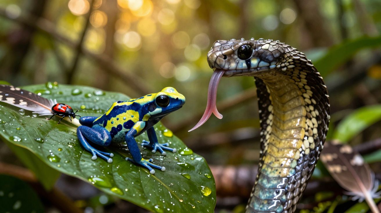 Rã colorida e cobra com língua de fora num encontro numa folha verde com gotas de água.