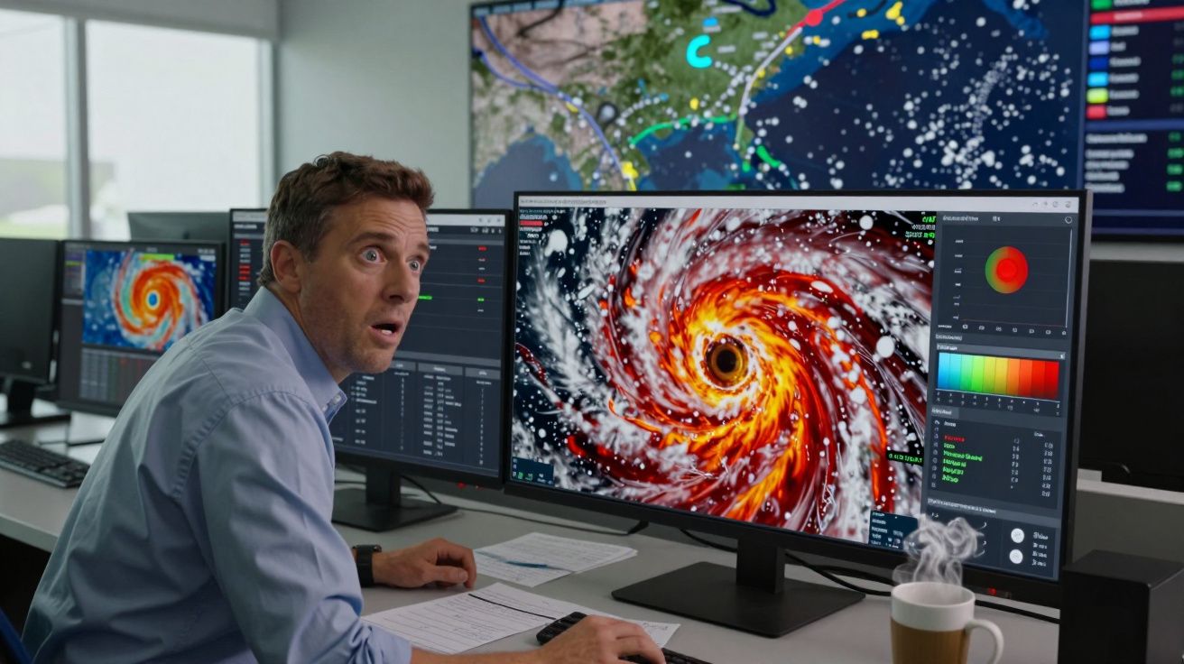 Homem sentado em escritório a analisar dados de tempestade num ecrã de computador, com expressão surpreendida.