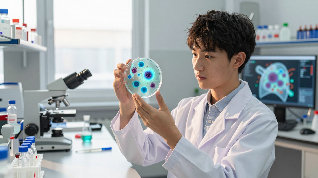 Cientista jovem examina placa de Petri com microrganismos coloridos num laboratório moderno.