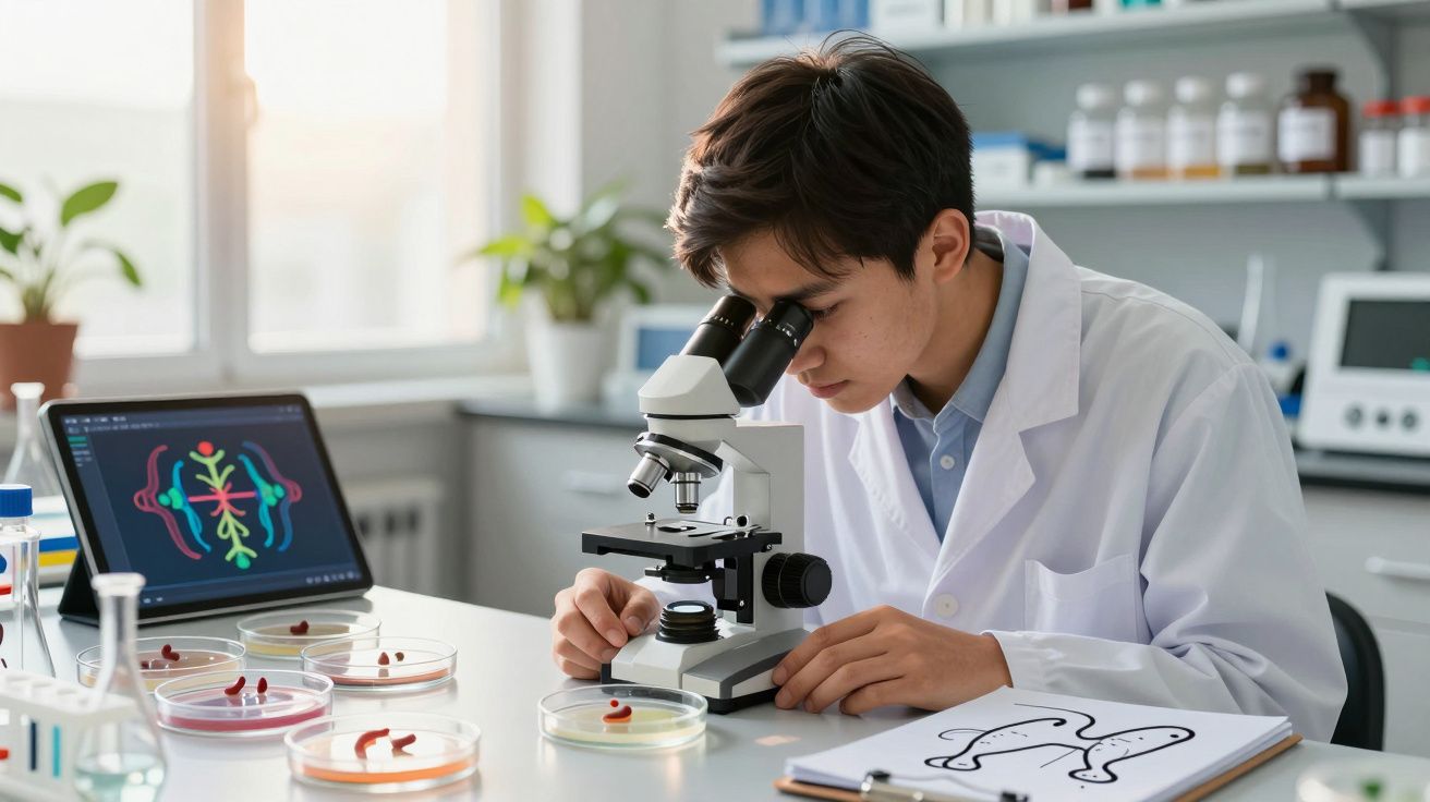 Jovem cientista observa amostra ao microscópio em laboratório com placas de Petri e laptop.