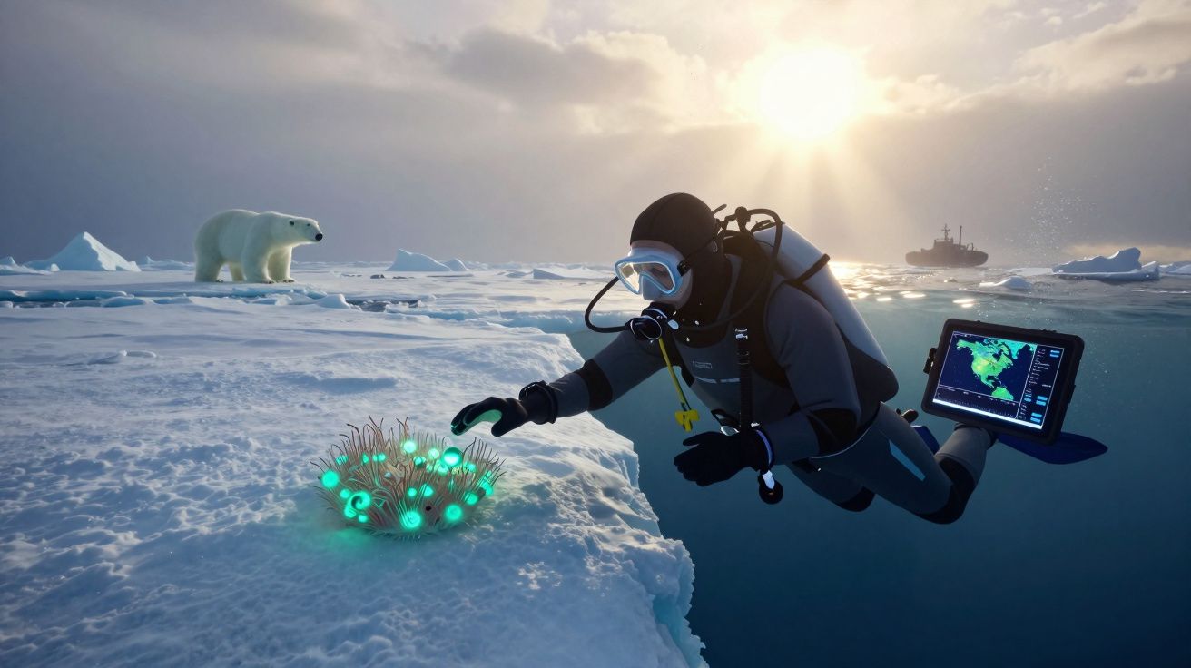 Mergulhador com equipamento científico analisa criatura luminosa no gelo ártico, com urso polar e navio ao fundo.