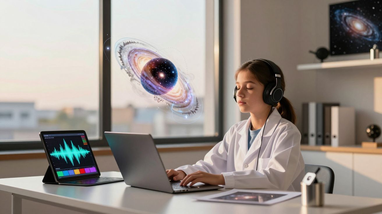 Menina com jaleco e auscultadores estuda astronomia com holograma de planeta na janela.