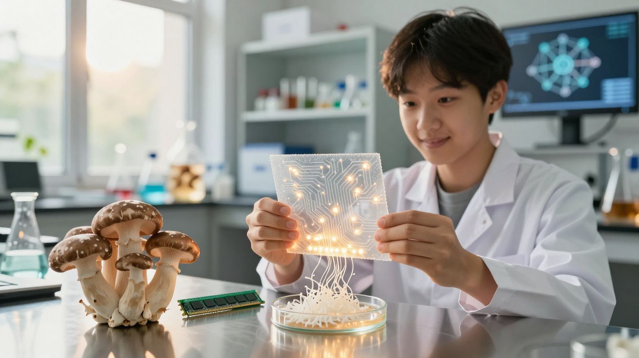 Pessoa jovem em laboratório examina placa luminosa com circuitos e micélio de cogumelos numa placa de Petri.