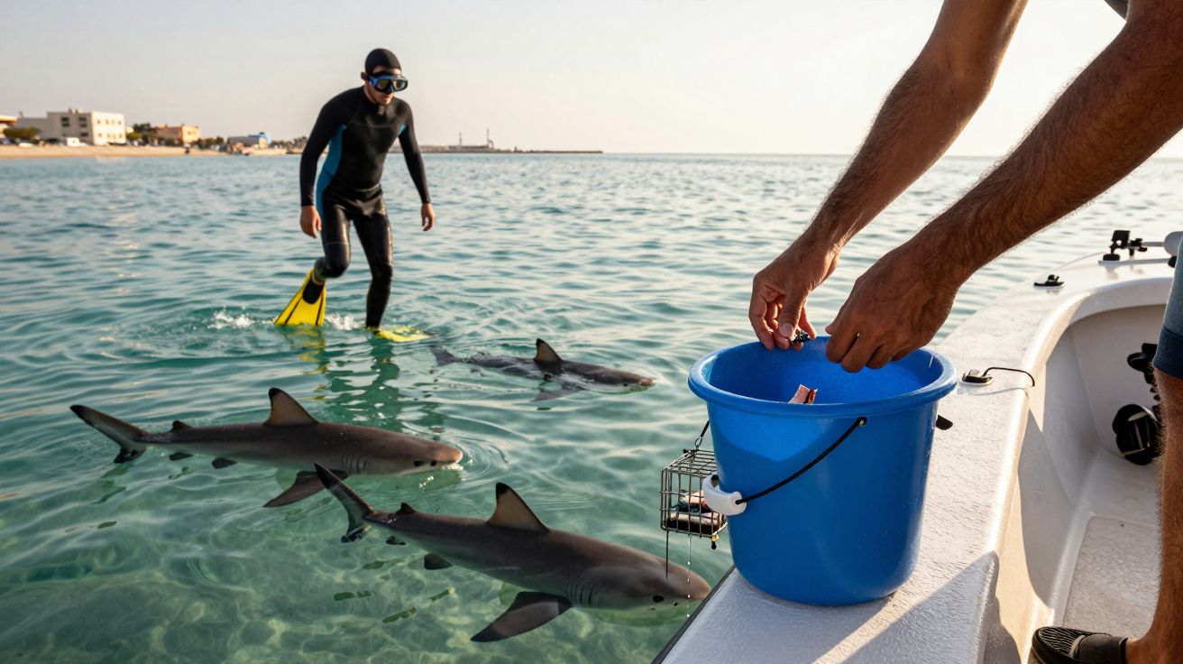 Mergulhador com fato e barbatanas em águas rasas observa tubarões próximos enquanto pessoa num barco prepara isco.
