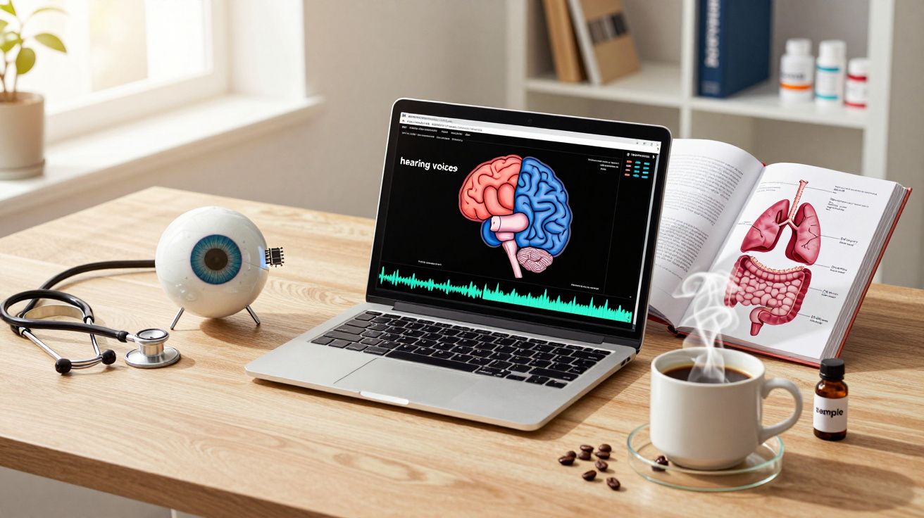 Mesa de estudo com computador a mostrar cérebro, livro sobre órgãos, estetoscópio, olho artificial e café fumegante.