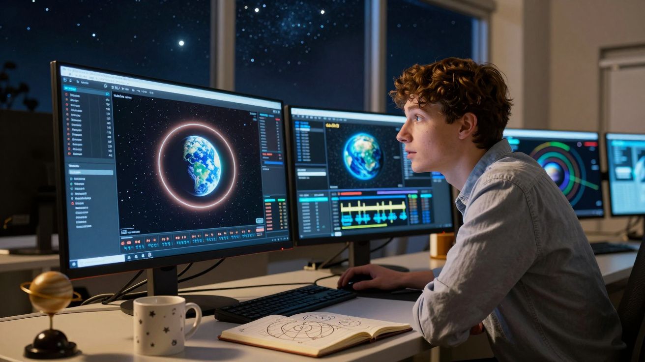 Jovem a trabalhar em computadores com gráficos da Terra e dados espaciais numa sala à noite.