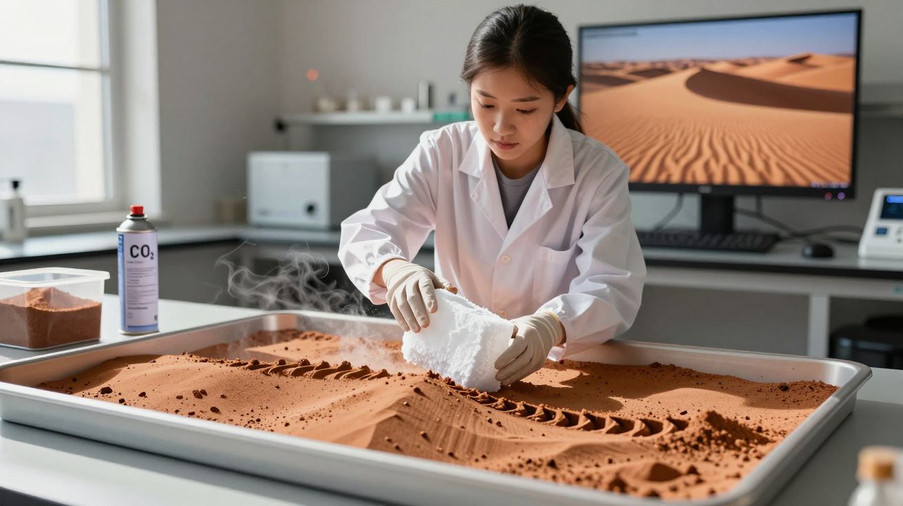 Cientista mulher em laboratório com bata branca manipula bloco de gelo seco sobre areia vermelha simulada.