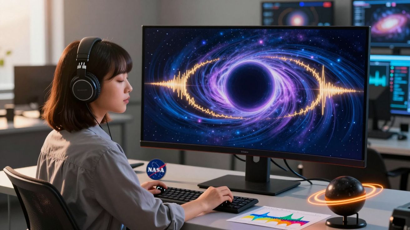 Mulher com auscultadores observa simulação de buraco negro e ondas gravitacionais num monitor num escritório.