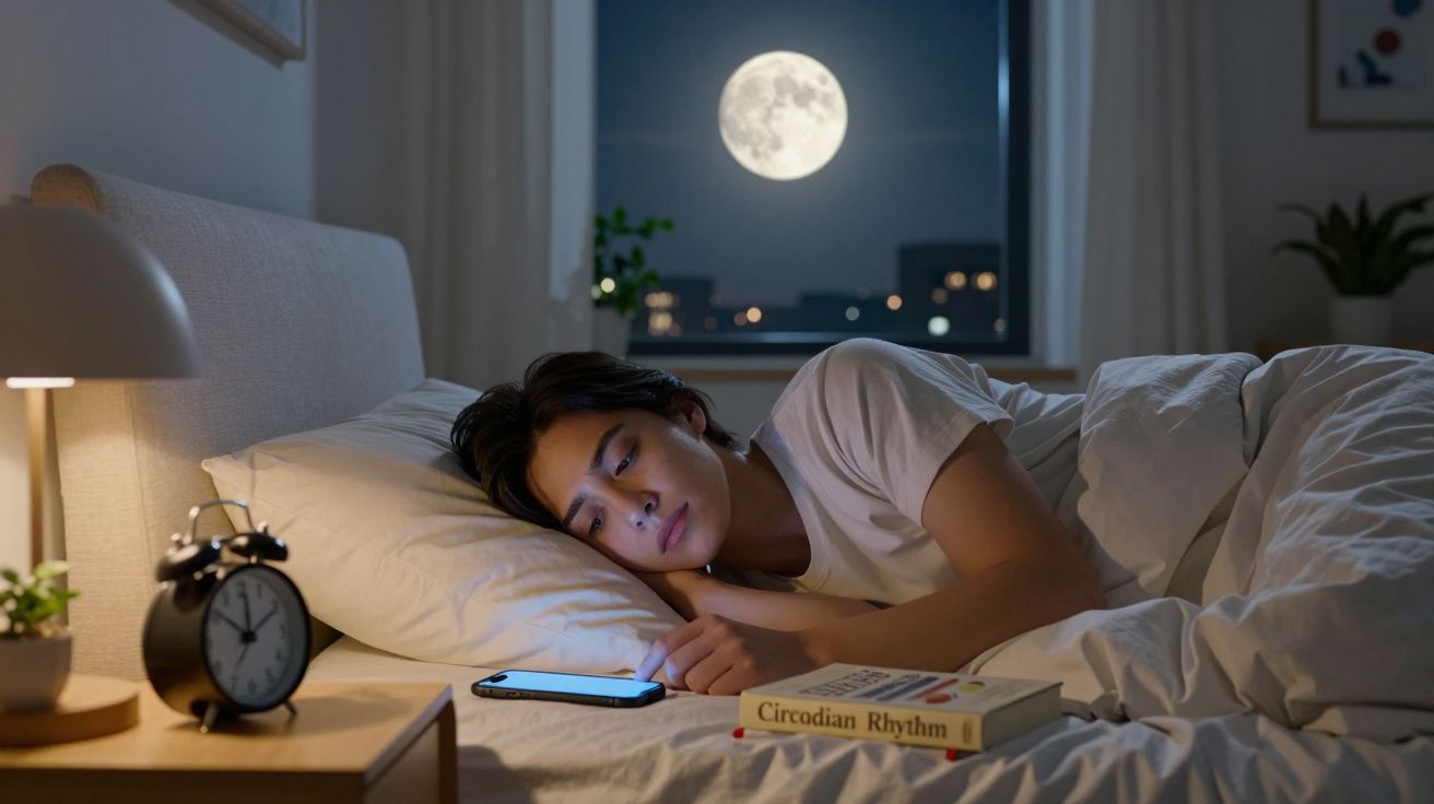 Pessoa deitada na cama a olhar para o telemóvel à noite com a lua cheia visível pela janela atrás.