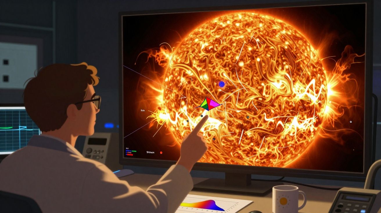 Pessoa analisando numa tela gigante uma imagem científica detalhada do sol com atividade solar intensa.