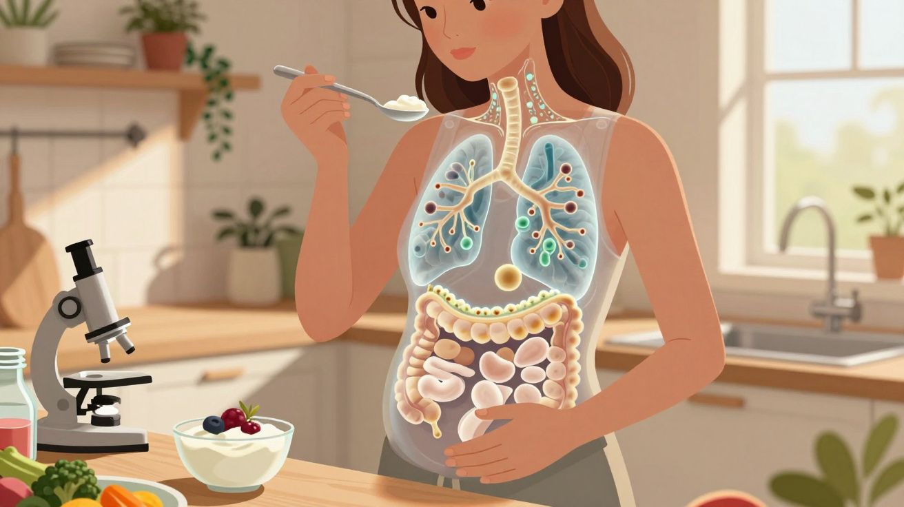 Pessoa a comer iogurte com visualização dos órgãos internos do sistema digestivo e respiratório.