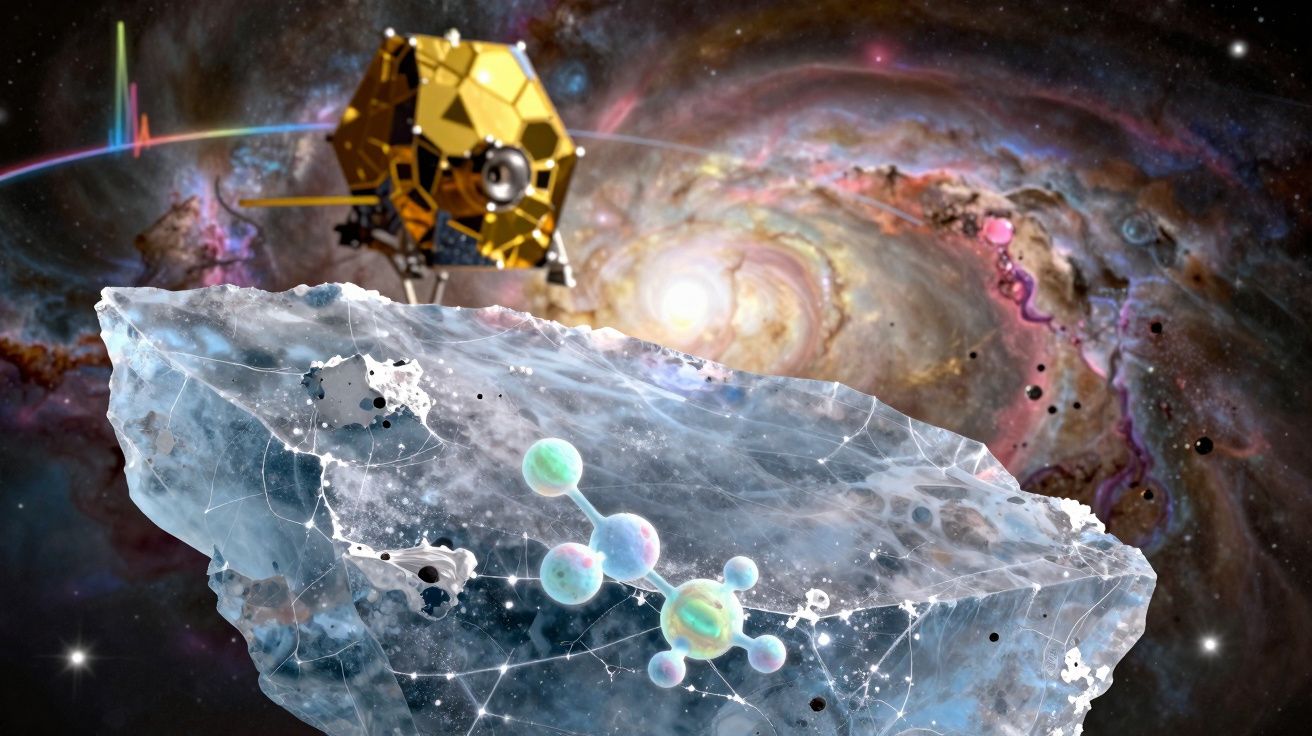 Representação artística de uma sonda espacial próxima a um meteorito com moléculas no espaço sideral.