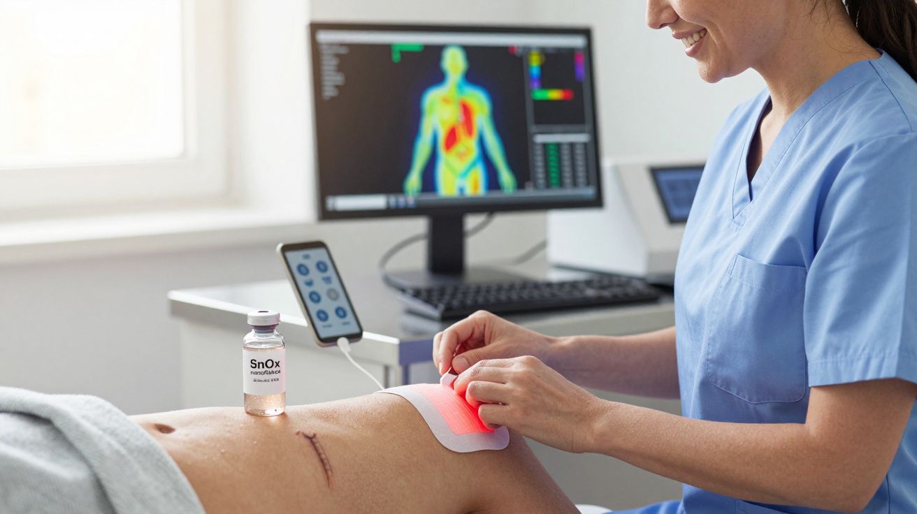 Terapeuta aplicando tratamento com laser vermelho no joelho de paciente, com imagens médicas no ecrã ao fundo.
