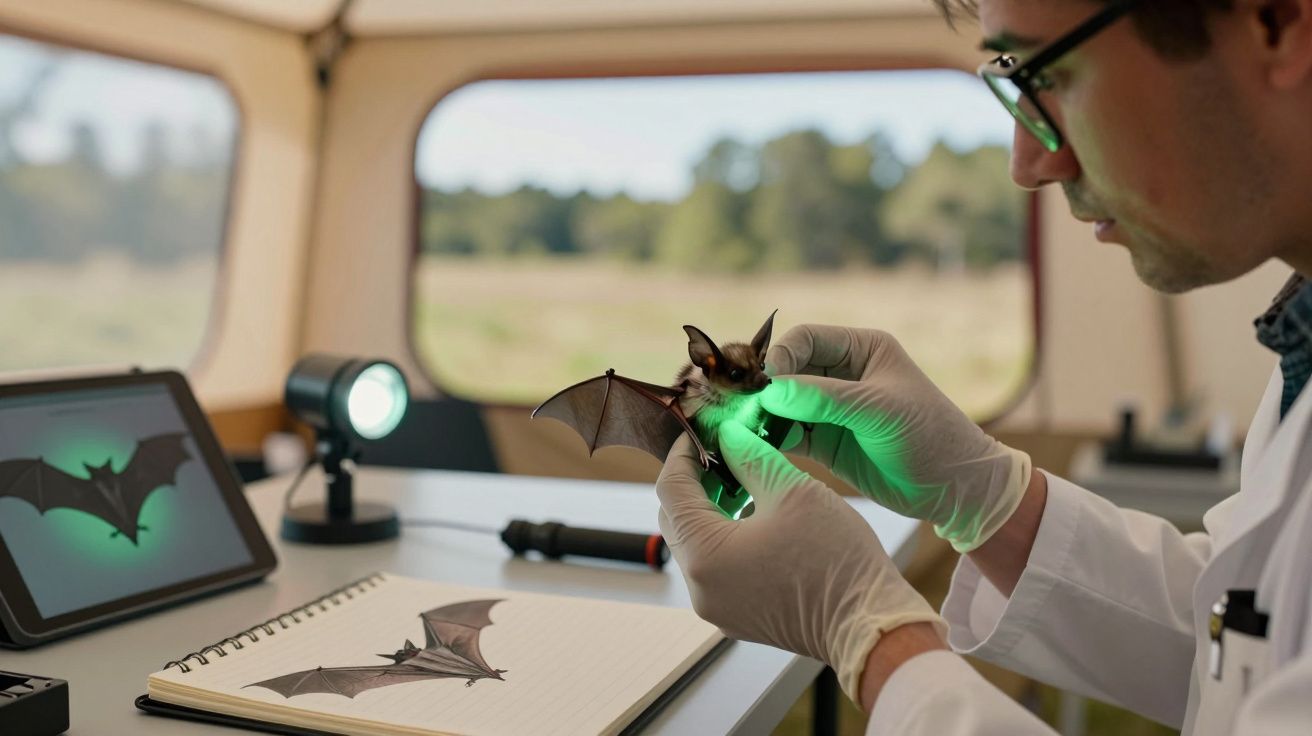 Cientista a analisar um morcego com luvas, iluminado por luz verde, com desenhos de morcegos num caderno e tablet.